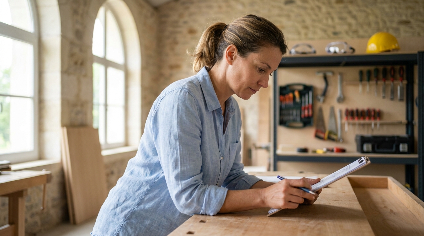 Une dirigeante de PME vérifie le document unique d'évaluation des risques professionnels dans son atelier